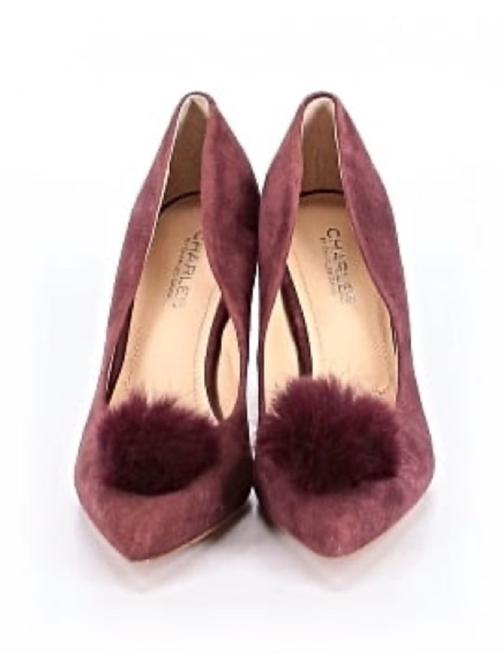 Charles by Charles David Burgundy Suede Pom Pom Kitten Heel Pumps